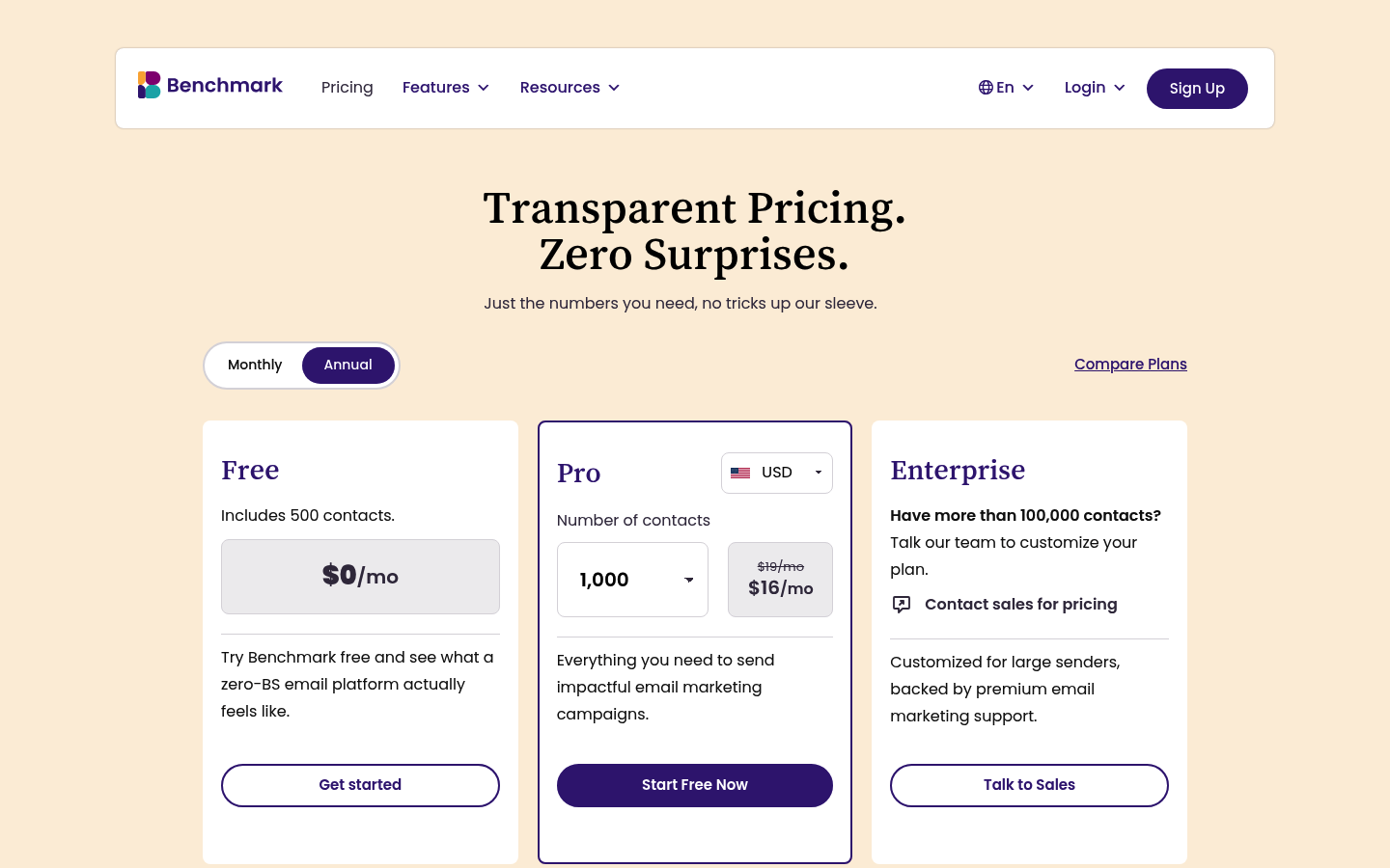 Screenshot of Benchmark Email's pricing page showing its plans and prices