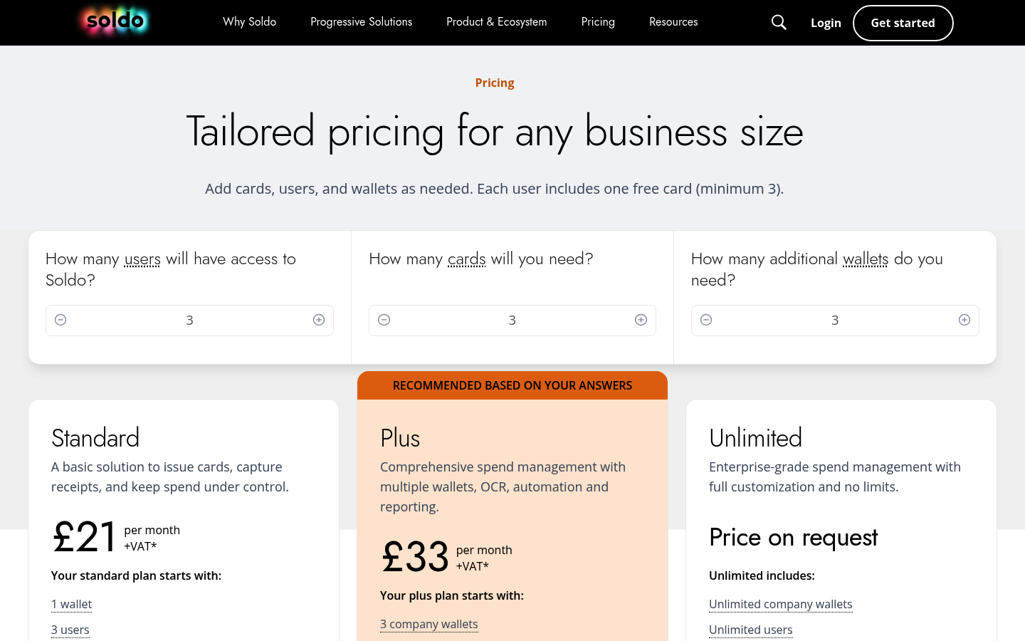 Screenshot of Soldo's pricing page showing its plans and prices