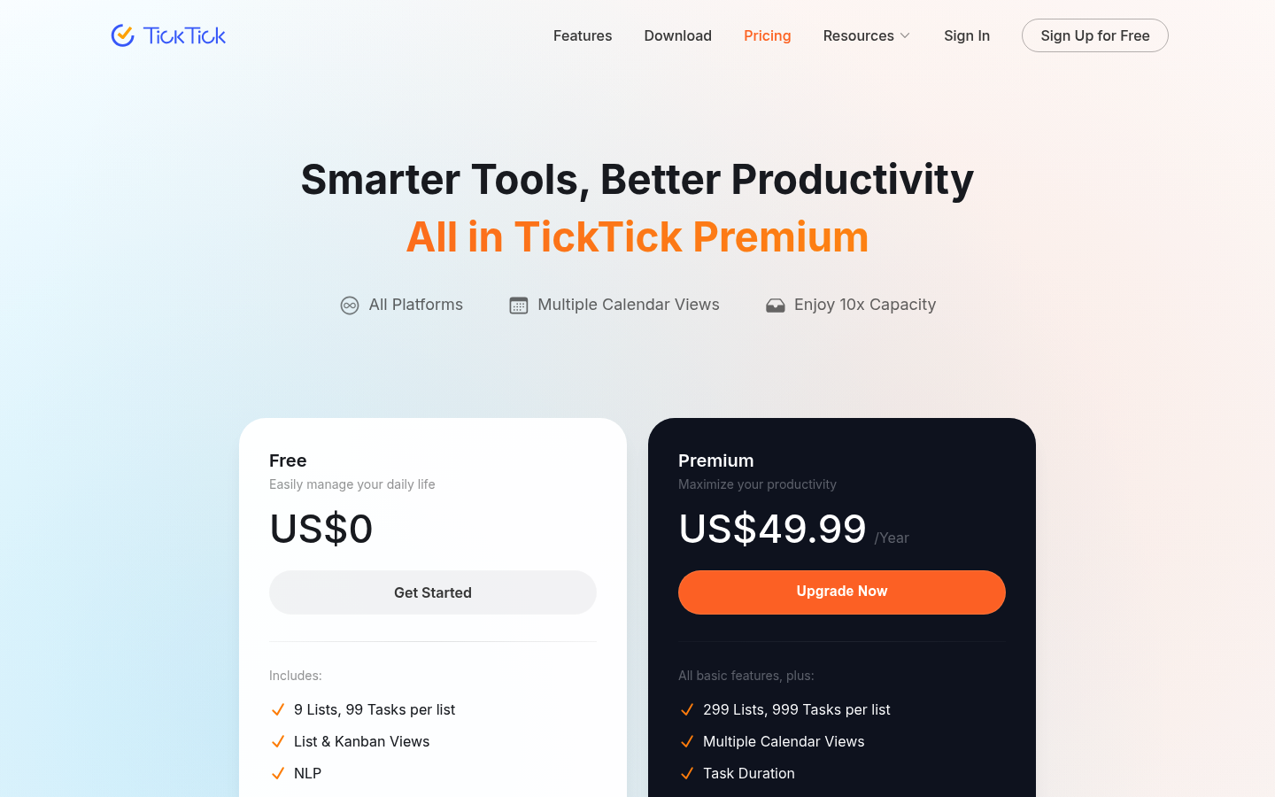 Screenshot of TickTick's pricing page showing its plans and prices