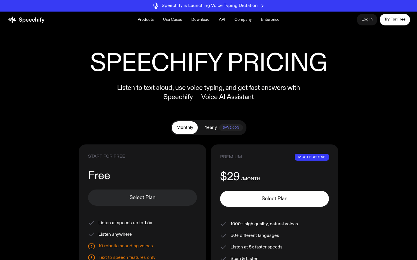 Screenshot of Speechify's pricing page showing its plans and prices