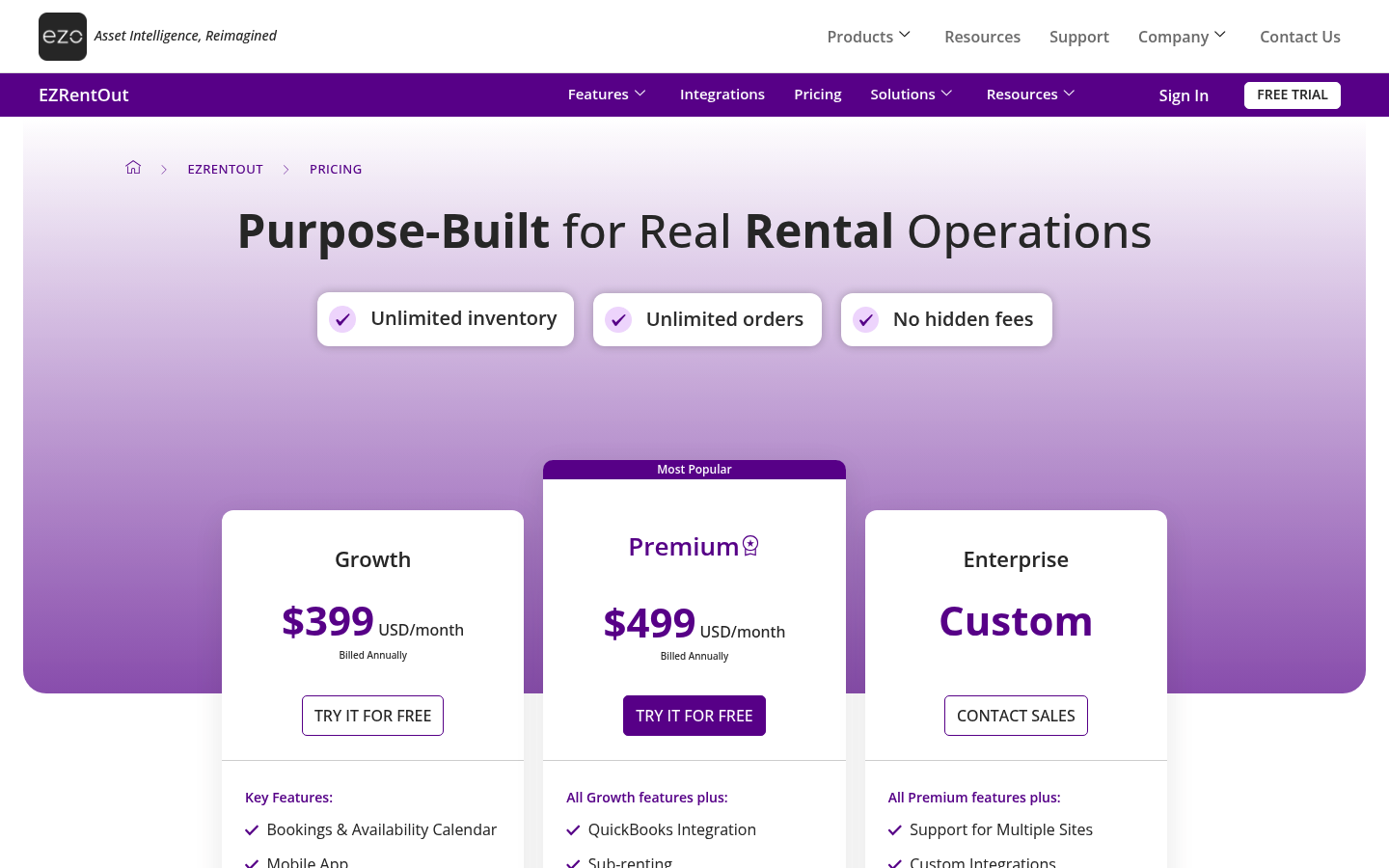 Screenshot of EZRentOut's pricing page showing its plans and prices