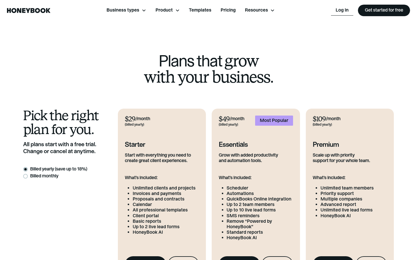 Screenshot of HoneyBook's pricing page showing its plans and prices