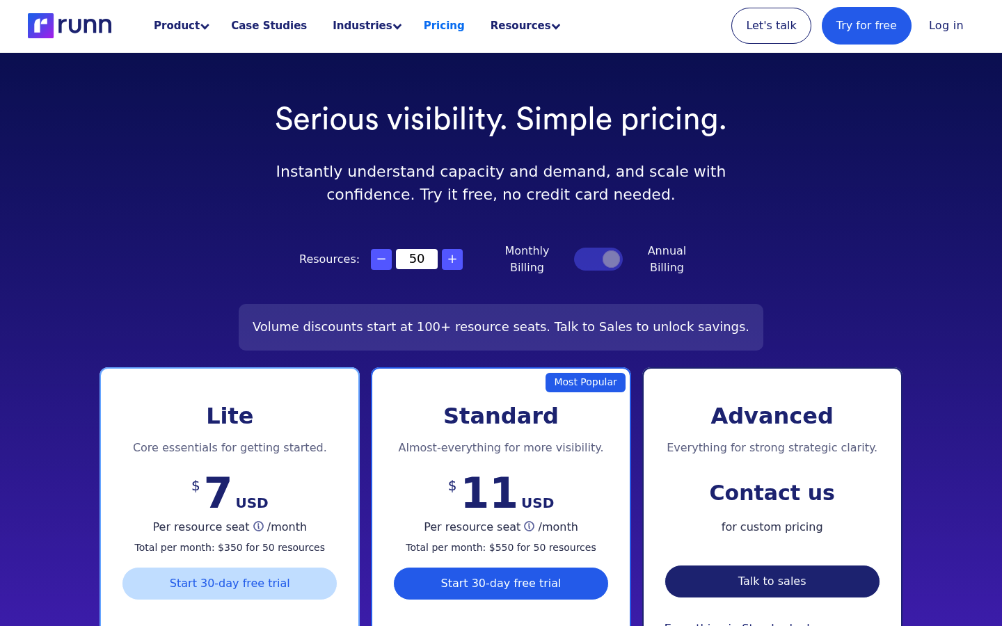 Screenshot of Runn's pricing page showing its plans and prices