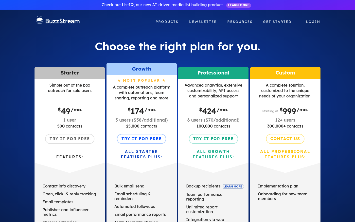 Screenshot of BuzzStream's pricing page showing its plans and prices