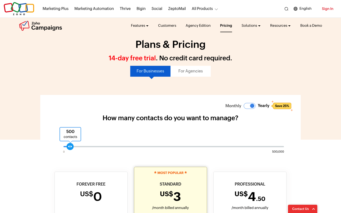 Screenshot of Zoho Campaigns's pricing page showing its plans and prices