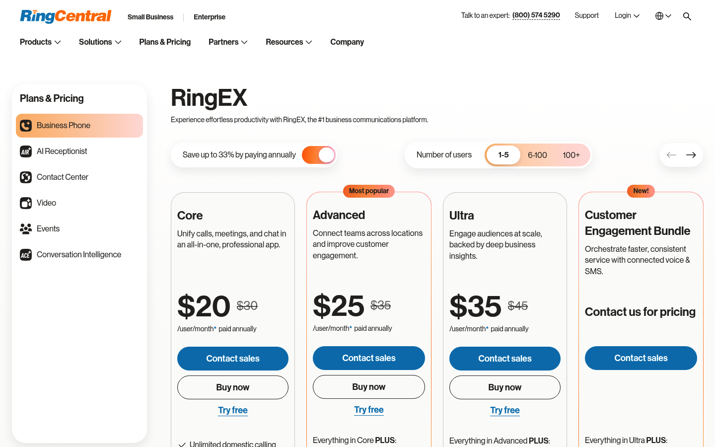Screenshot of RingCentral's pricing page showing its plans and prices