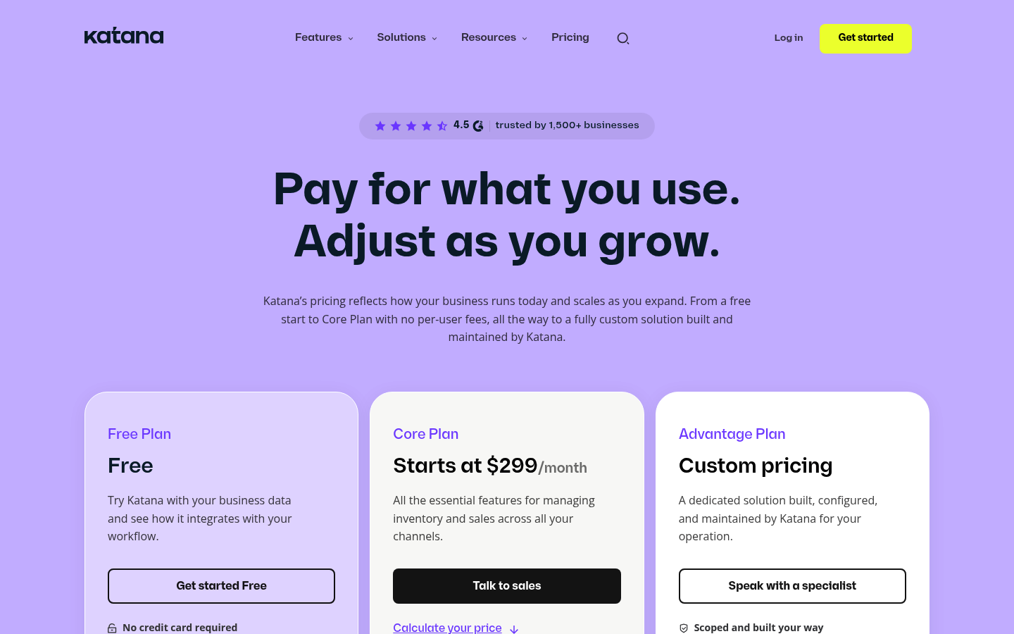 Screenshot of Katana's pricing page showing its plans and prices