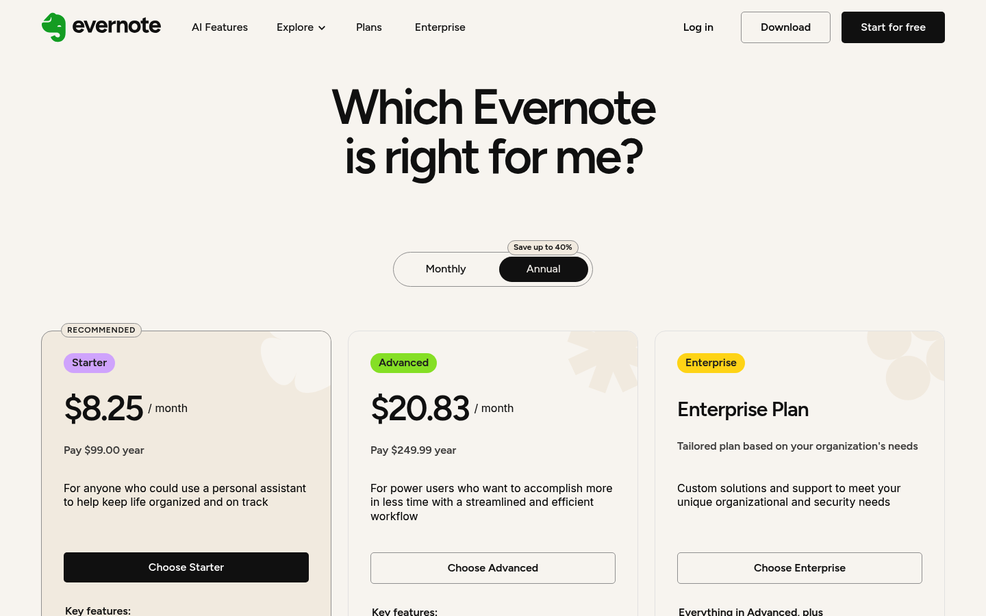 Screenshot of Evernote's pricing page showing its plans and prices