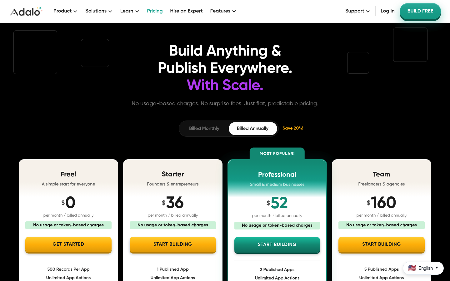 Screenshot of Adalo's pricing page showing its plans and prices