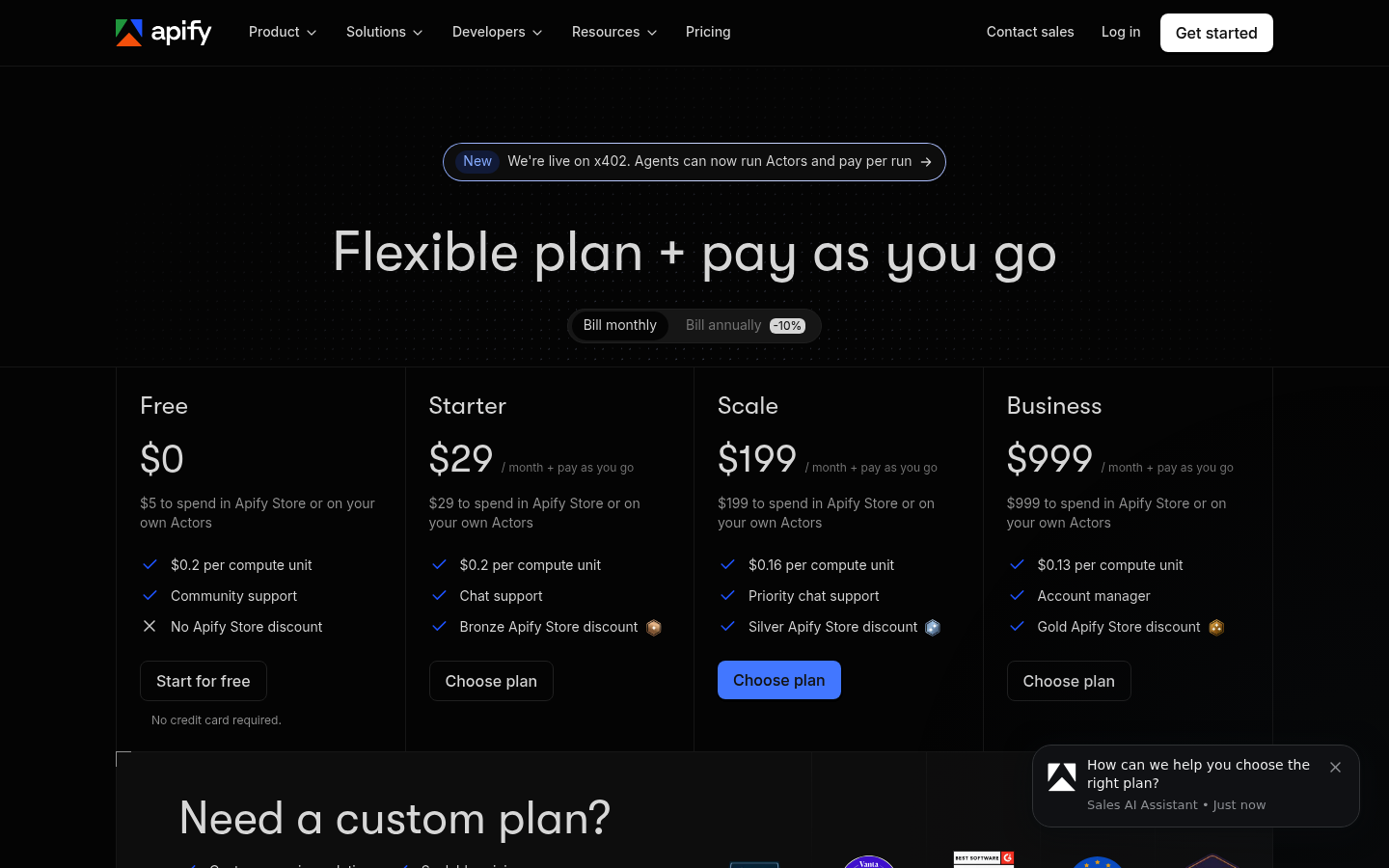 Screenshot of Apify's pricing page showing its plans and prices