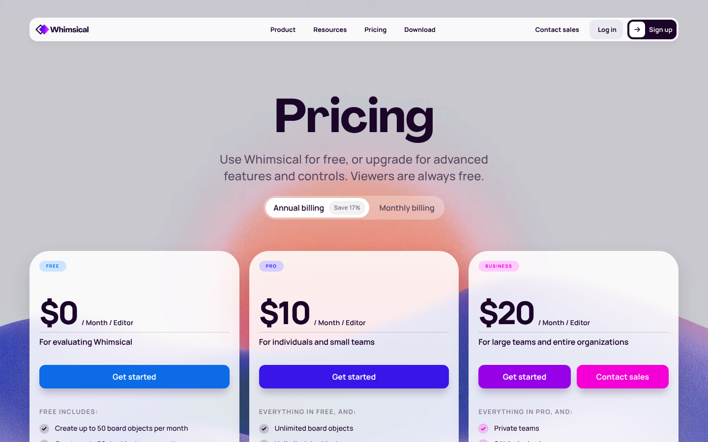 Screenshot of Whimsical's pricing page showing its plans and prices
