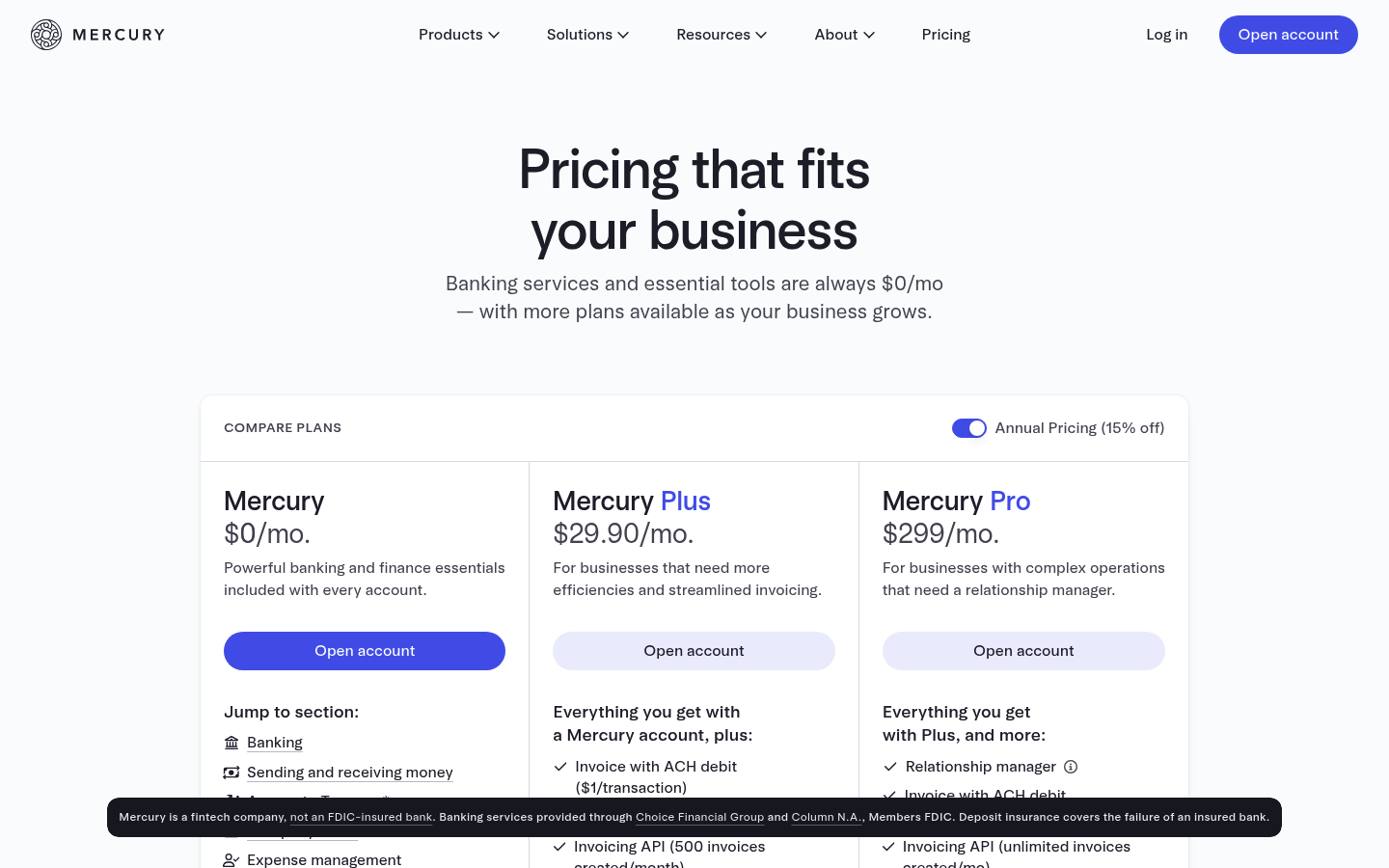 Screenshot of Mercury's pricing page showing its plans and prices