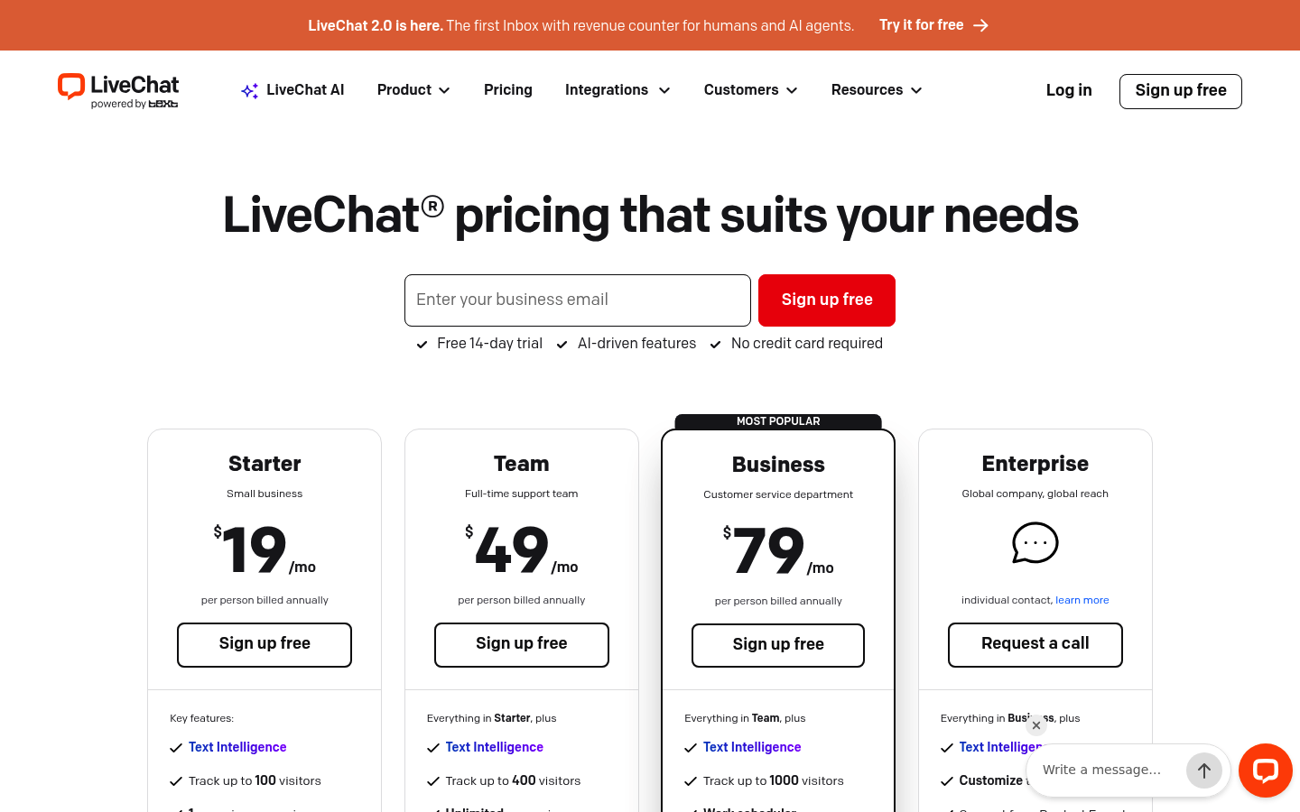 Screenshot of LiveChat's pricing page showing its plans and prices