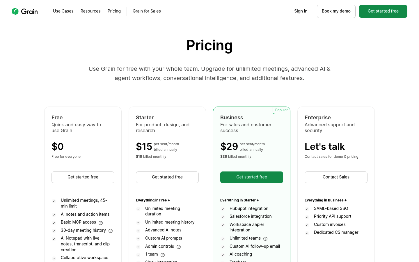 Screenshot of Grain's pricing page showing its plans and prices