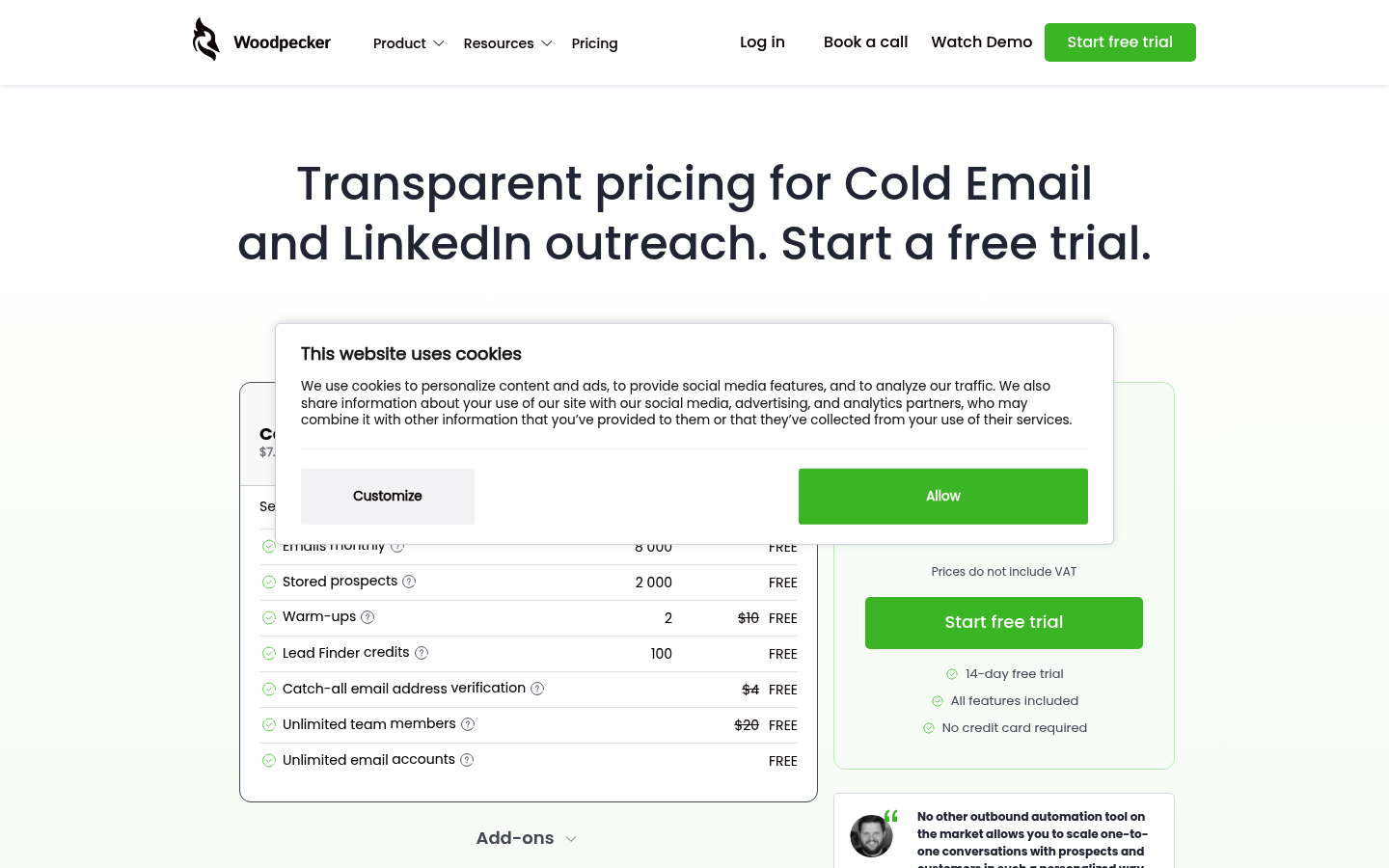 Screenshot of Woodpecker's pricing page showing its plans and prices