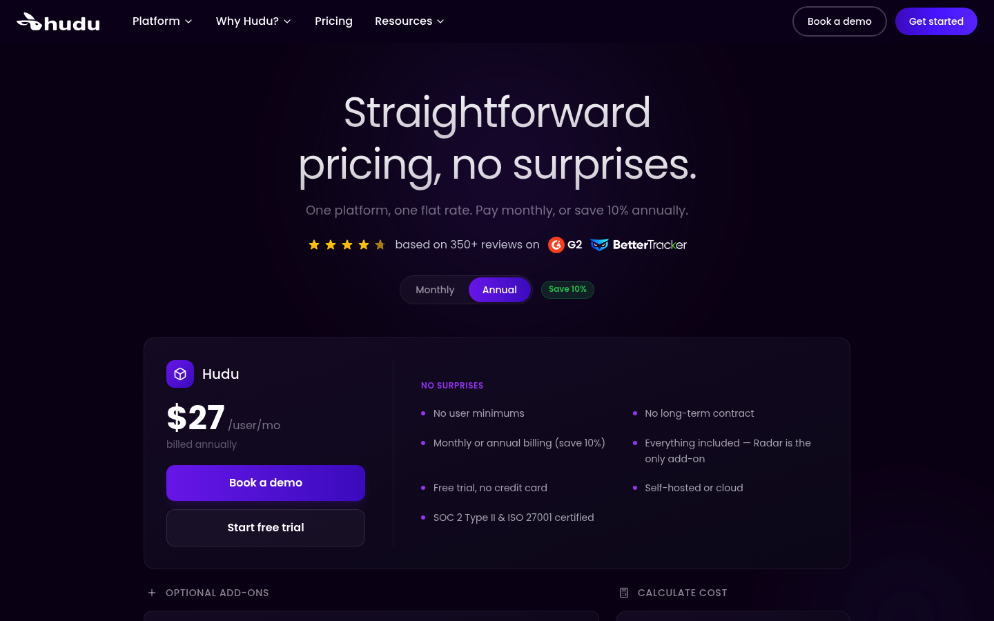 Screenshot of Hudu's pricing page showing its plans and prices