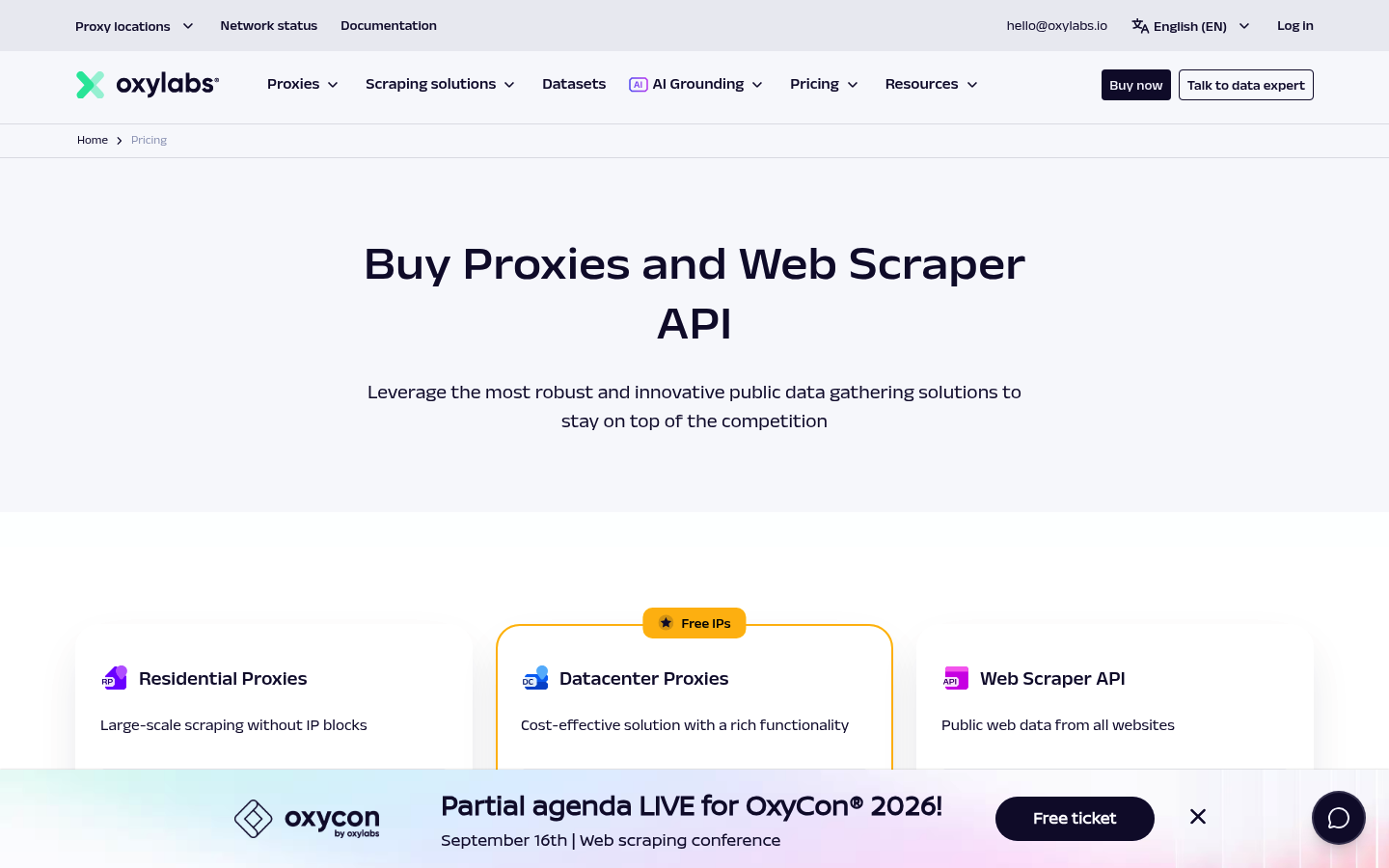 Screenshot of Oxylabs's pricing page showing its plans and prices
