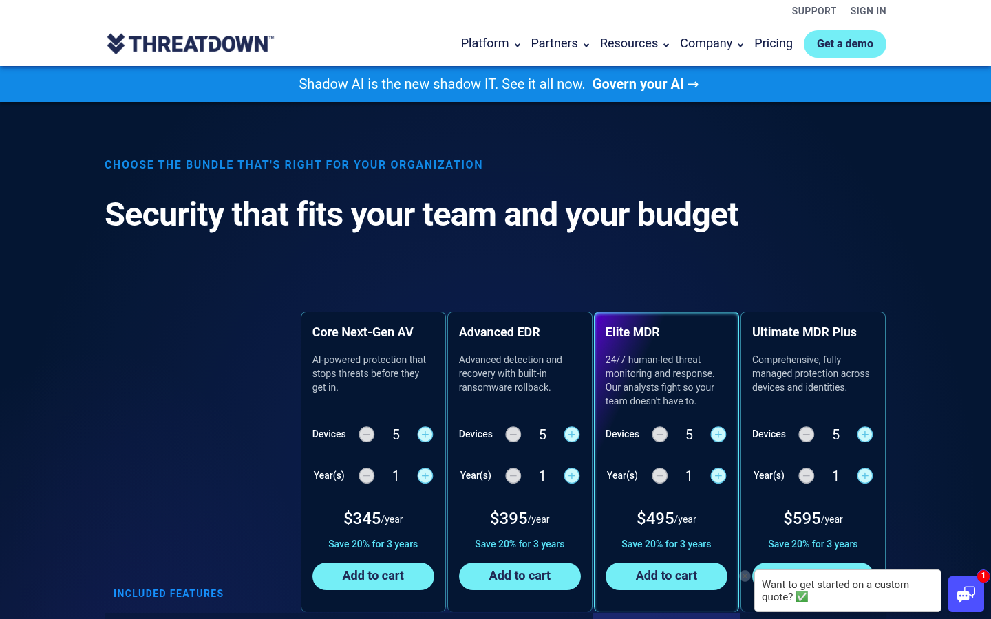Screenshot of Malwarebytes ThreatDown's pricing page showing its plans and prices