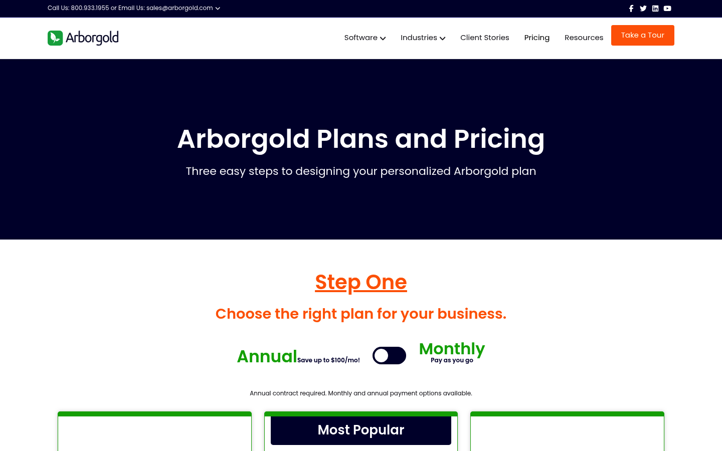 Screenshot of Arborgold's pricing page showing its plans and prices