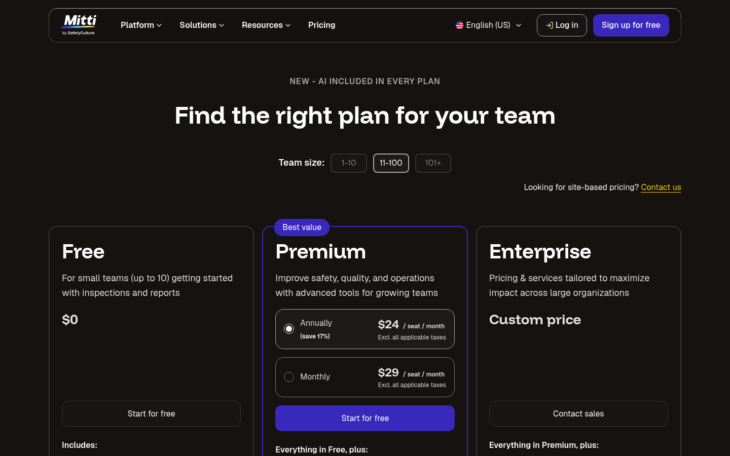 Screenshot of SafetyCulture's pricing page showing its plans and prices