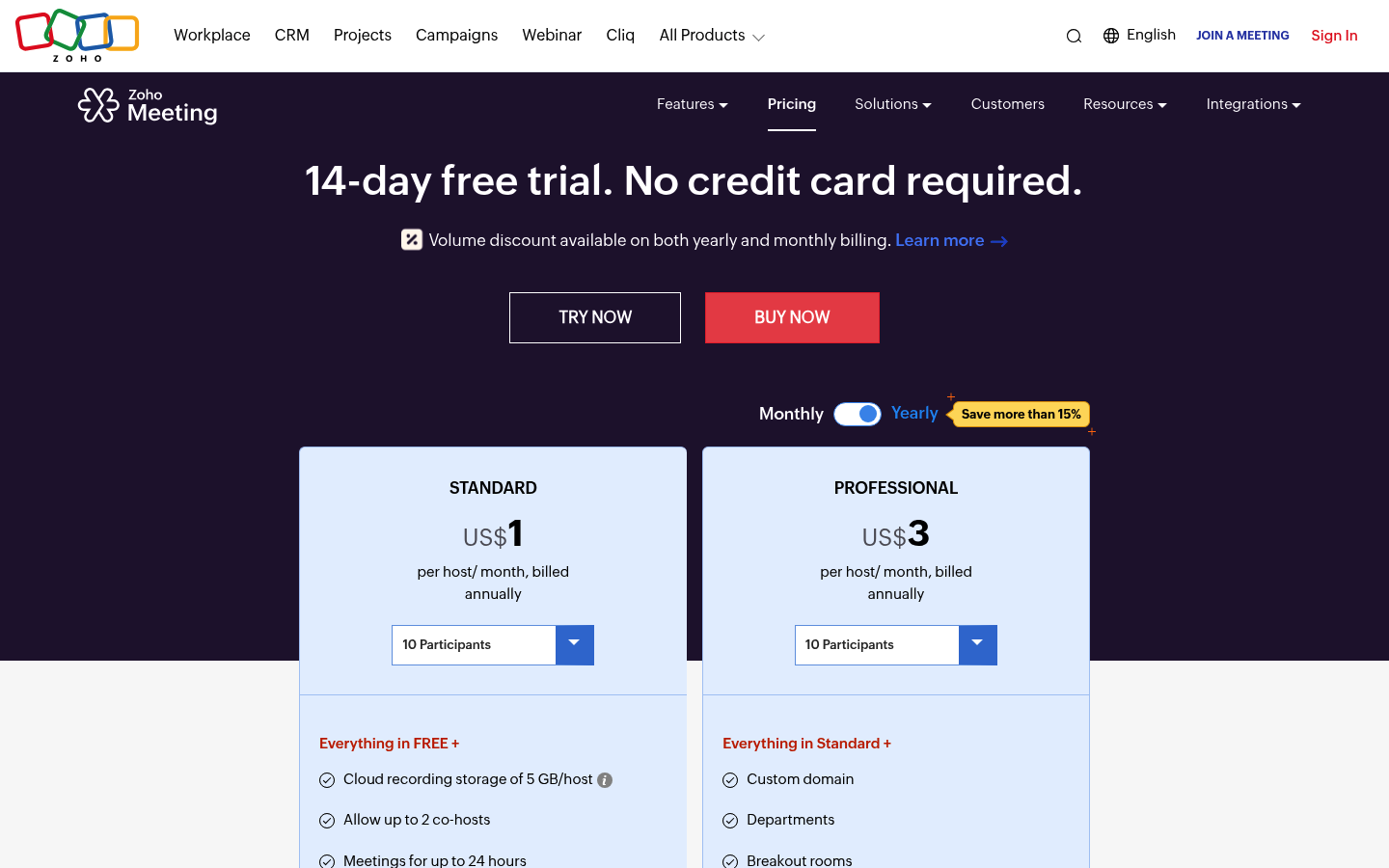 Screenshot of Zoho Meeting's pricing page showing its plans and prices