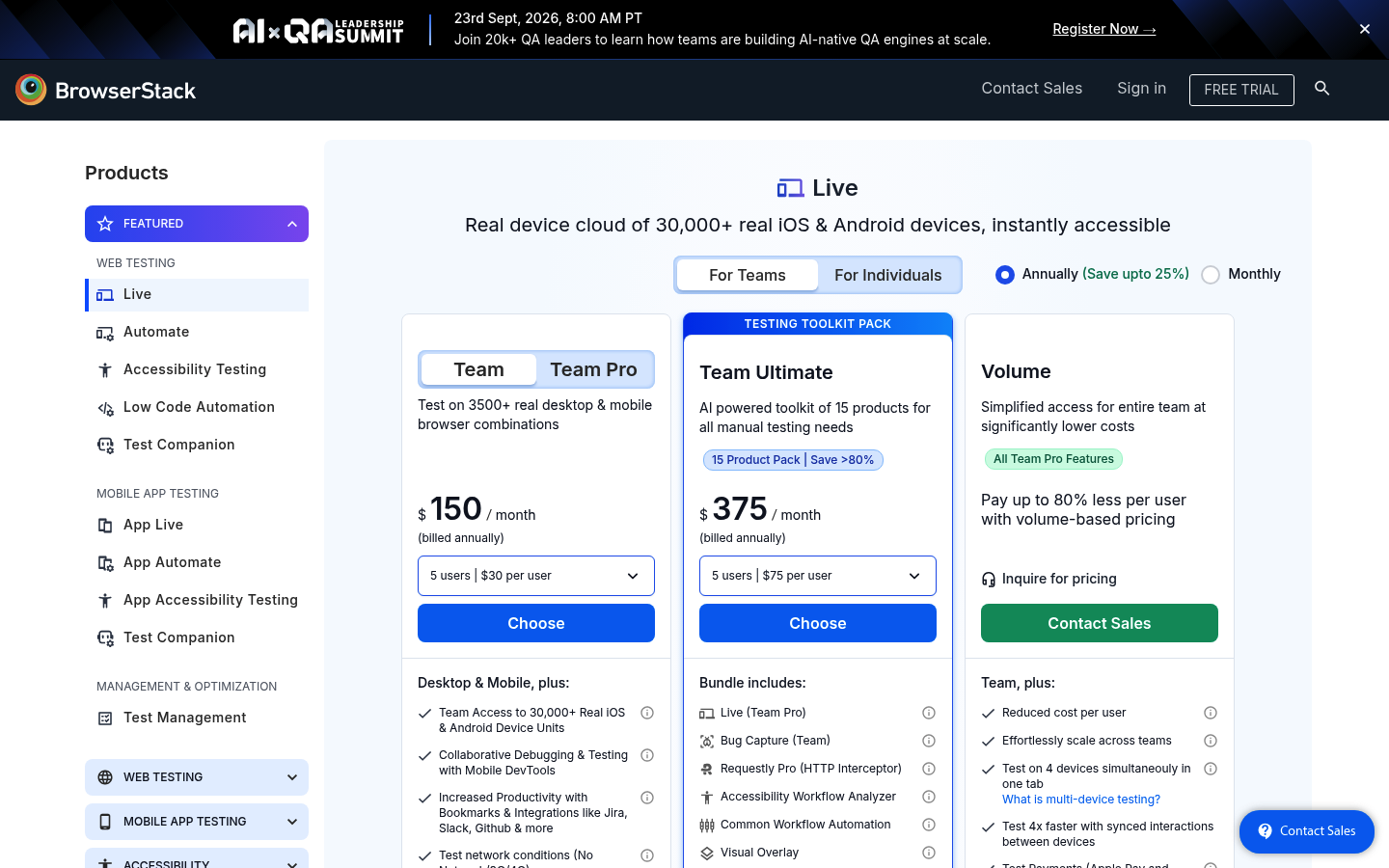 Screenshot of BrowserStack's pricing page showing its plans and prices