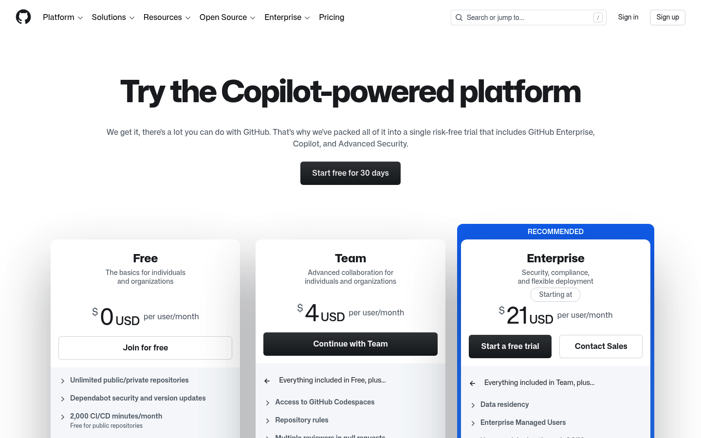 Screenshot of GitHub's pricing page showing its plans and prices