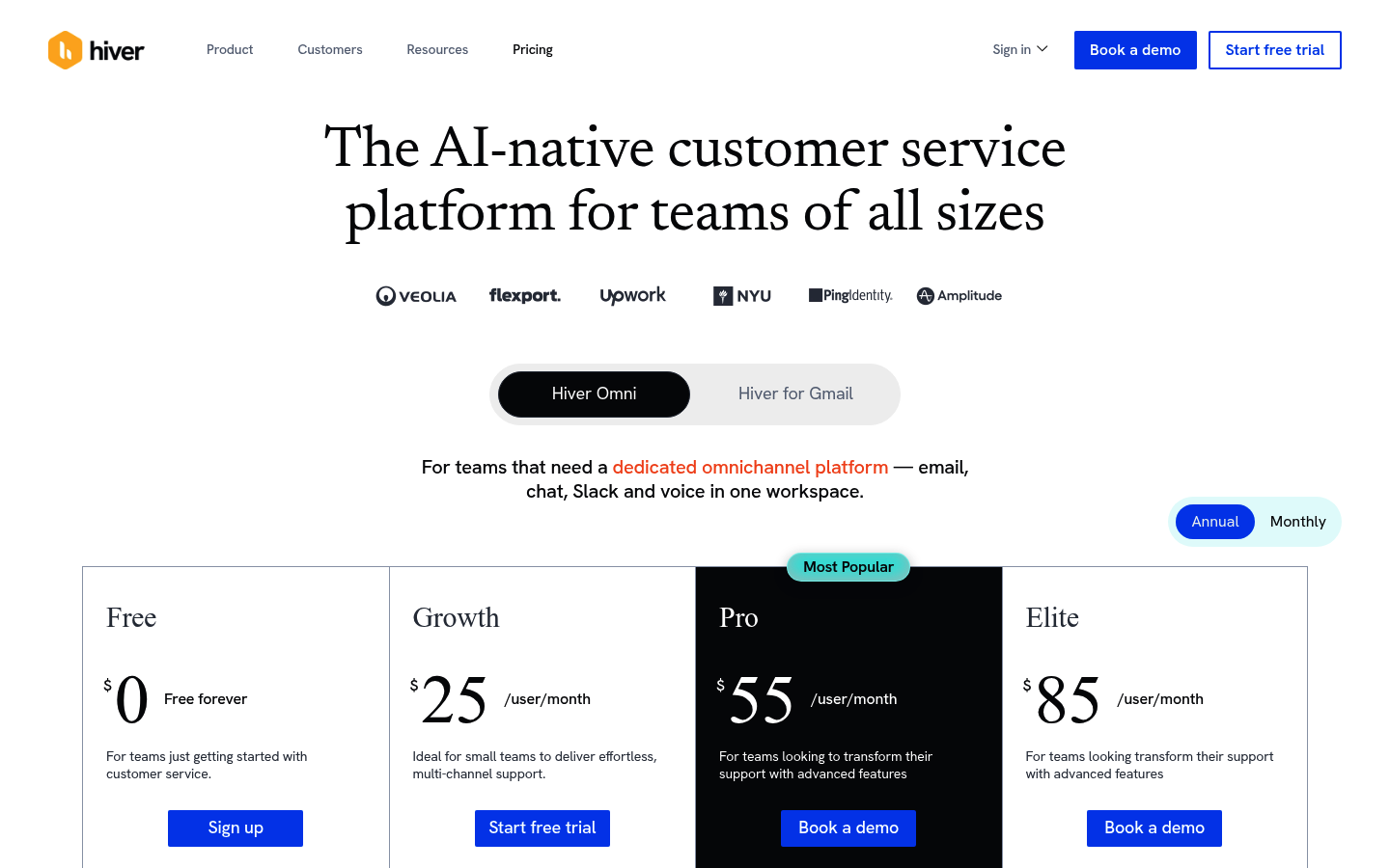 Screenshot of Hiver's pricing page showing its plans and prices