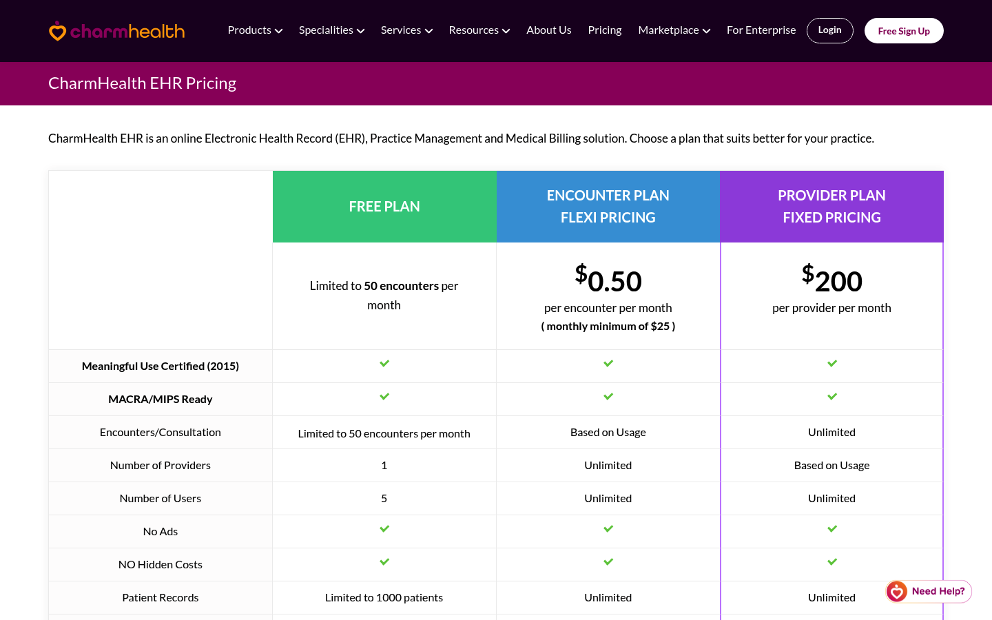 Screenshot of CharmHealth's pricing page showing its plans and prices