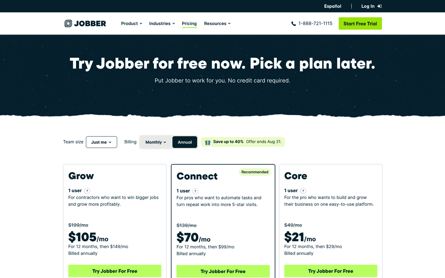 Screenshot of Jobber's pricing page showing its plans and prices