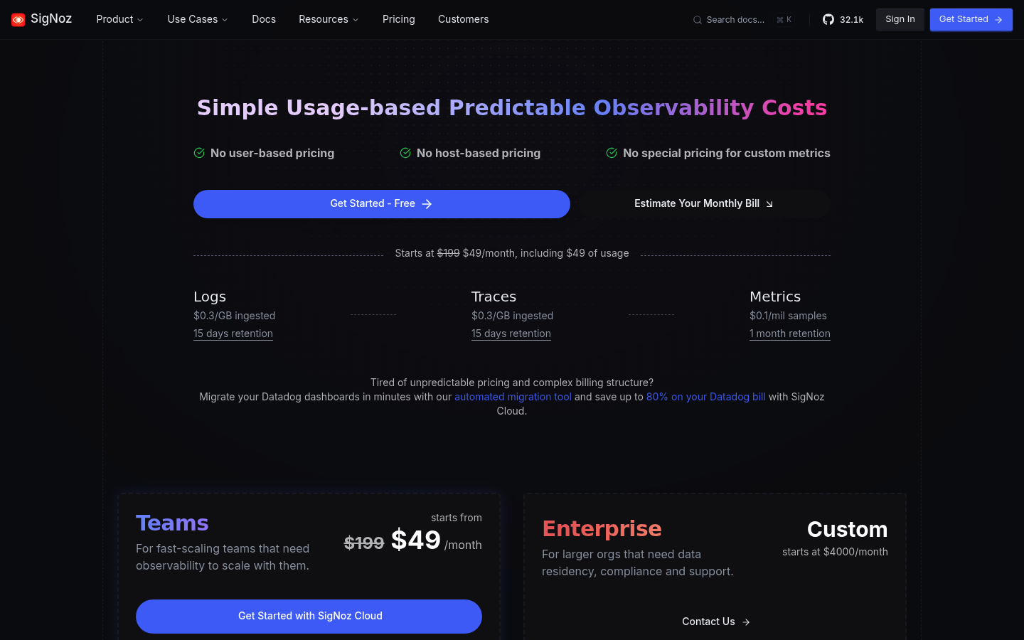 Screenshot of SigNoz's pricing page showing its plans and prices