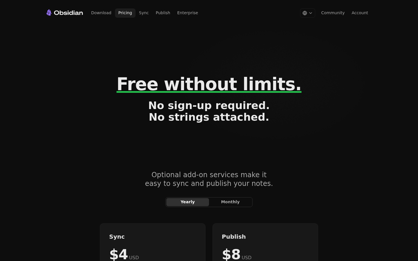 Screenshot of Obsidian's pricing page showing its plans and prices