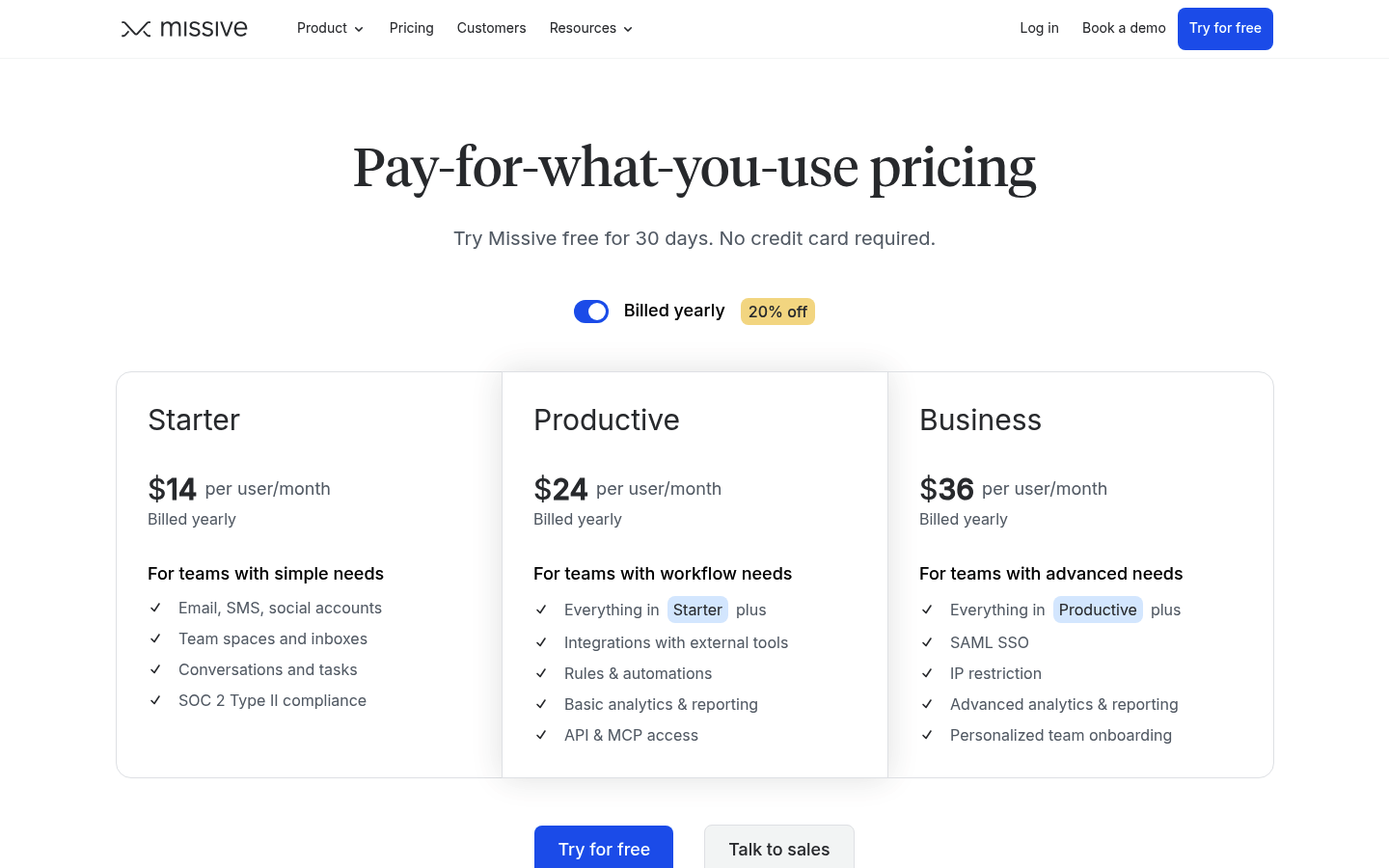 Screenshot of Missive's pricing page showing its plans and prices