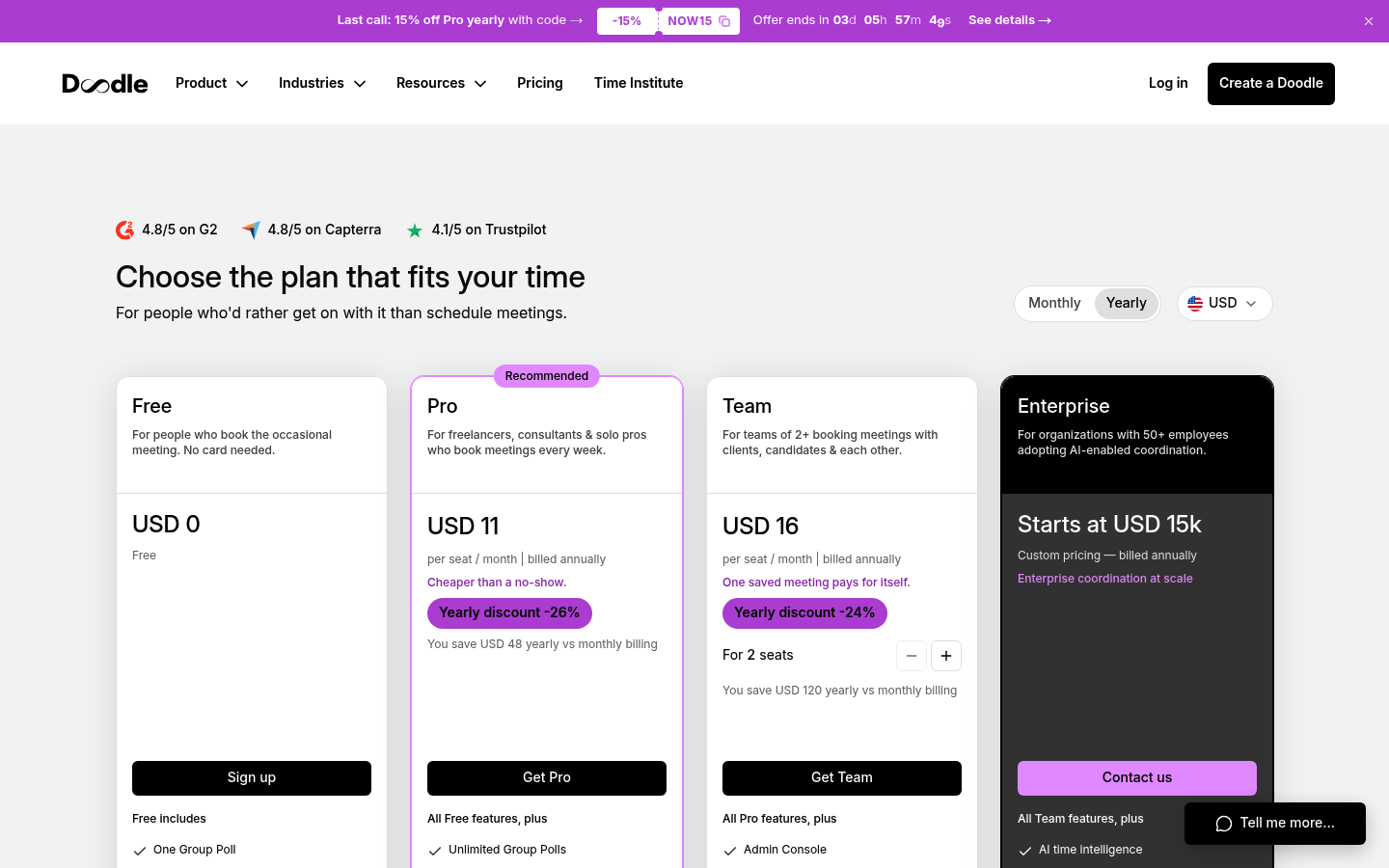 Screenshot of Doodle's pricing page showing its plans and prices
