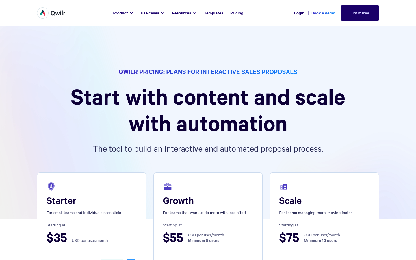 Screenshot of Qwilr's pricing page showing its plans and prices