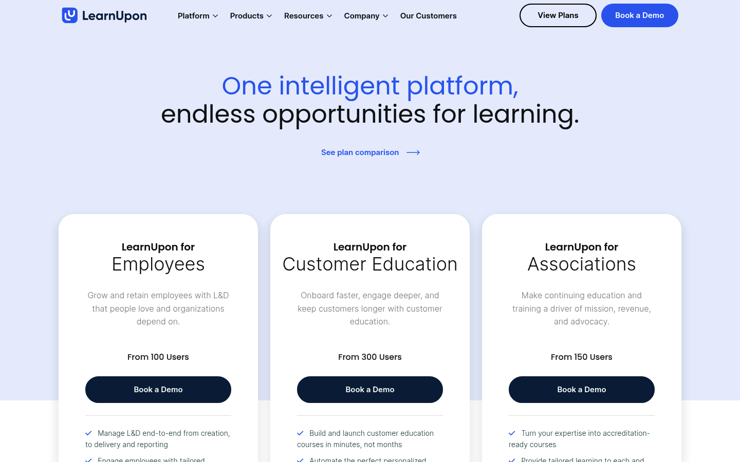 Screenshot of LearnUpon's pricing page showing its plans and prices