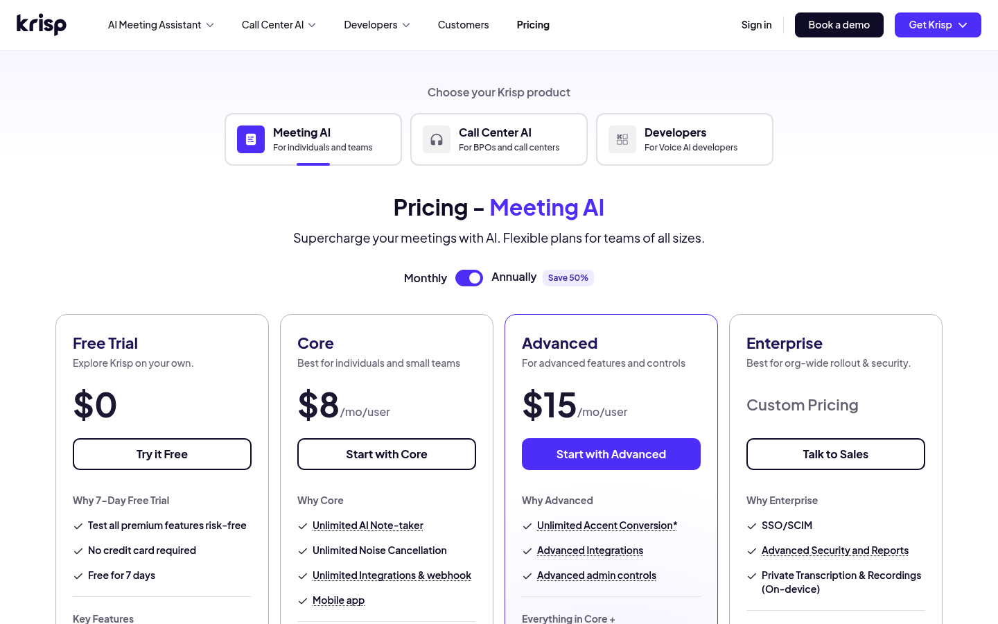 Screenshot of Krisp's pricing page showing its plans and prices