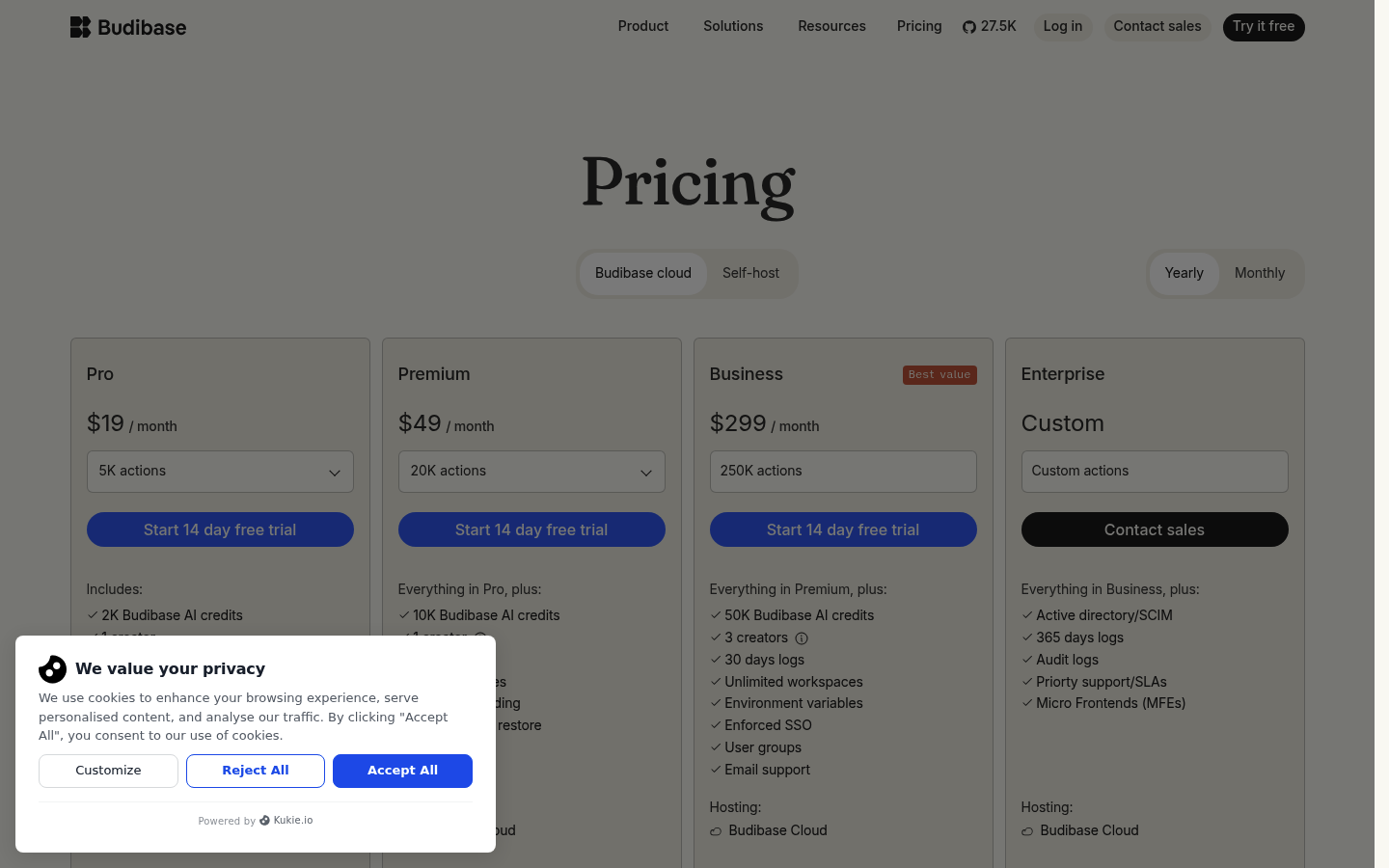 Screenshot of Budibase's pricing page showing its plans and prices