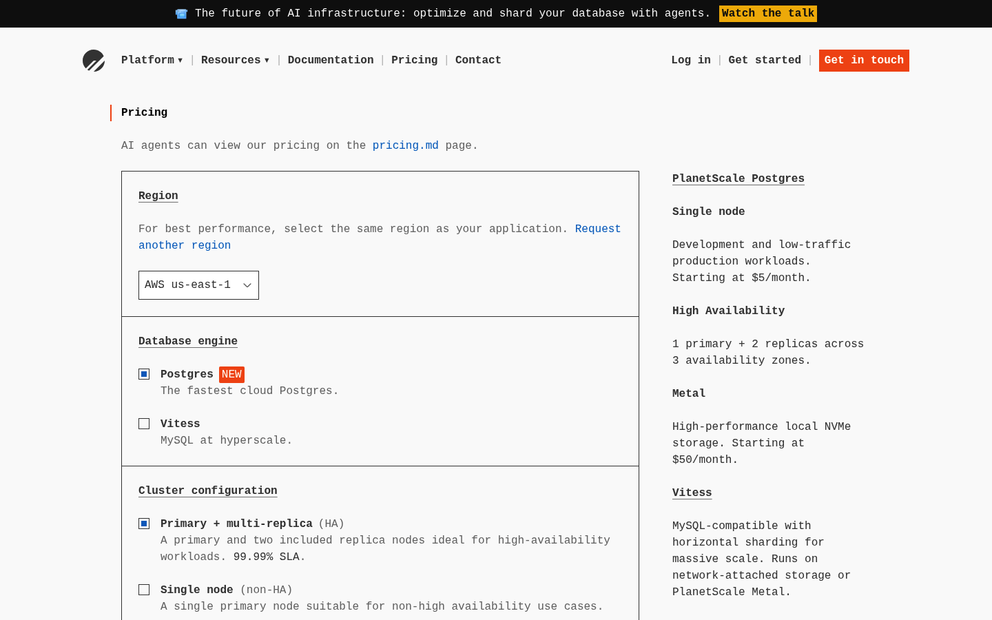 Screenshot of PlanetScale's pricing page showing its plans and prices