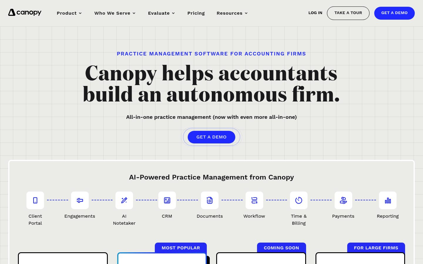 Screenshot of Canopy's pricing page showing its plans and prices