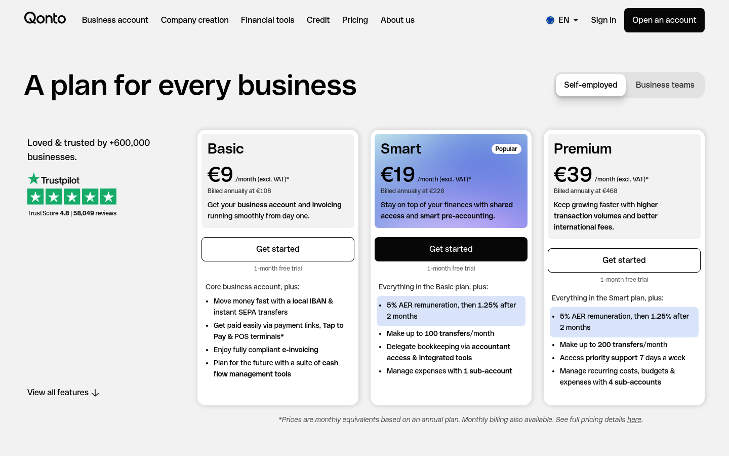 Screenshot of Qonto's pricing page showing its plans and prices