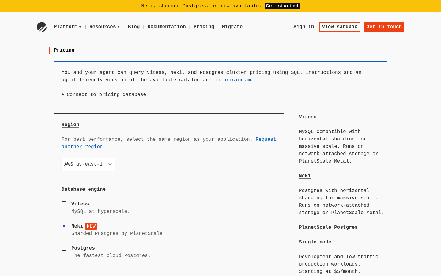 Screenshot of PlanetScale's pricing page showing its plans and prices