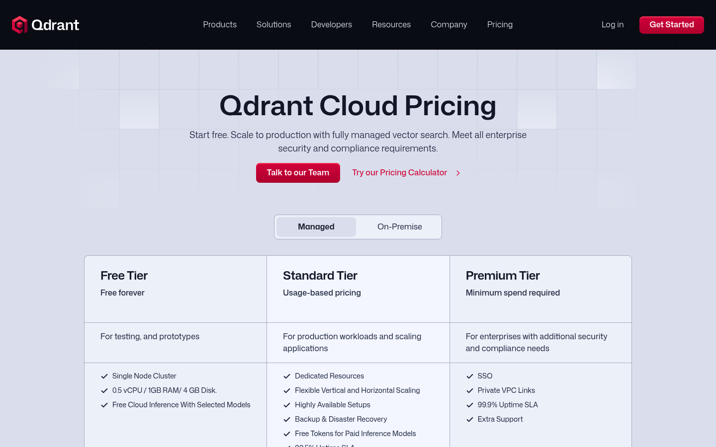 Screenshot of Qdrant's pricing page showing its plans and prices