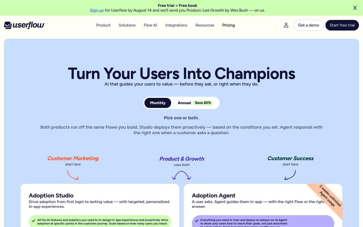 Screenshot of Userflow's pricing page showing its plans and prices