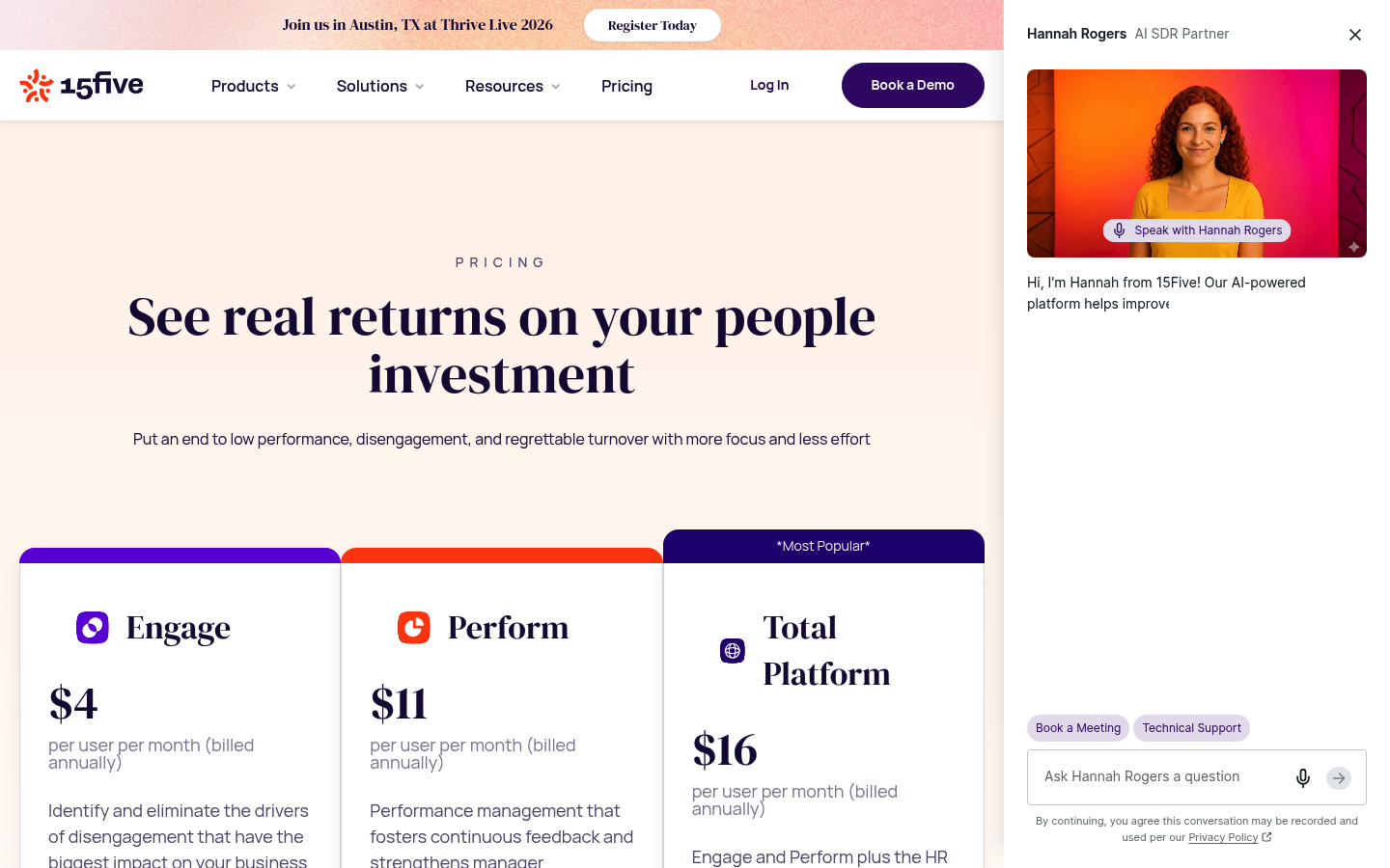 Screenshot of 15Five's pricing page showing its plans and prices
