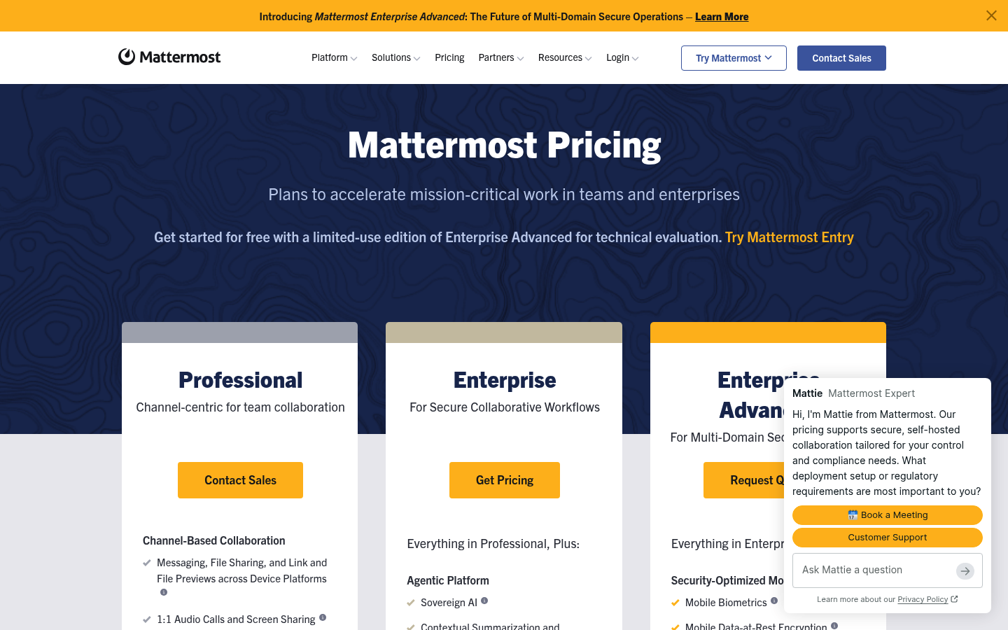 Screenshot of Mattermost's pricing page showing its plans and prices
