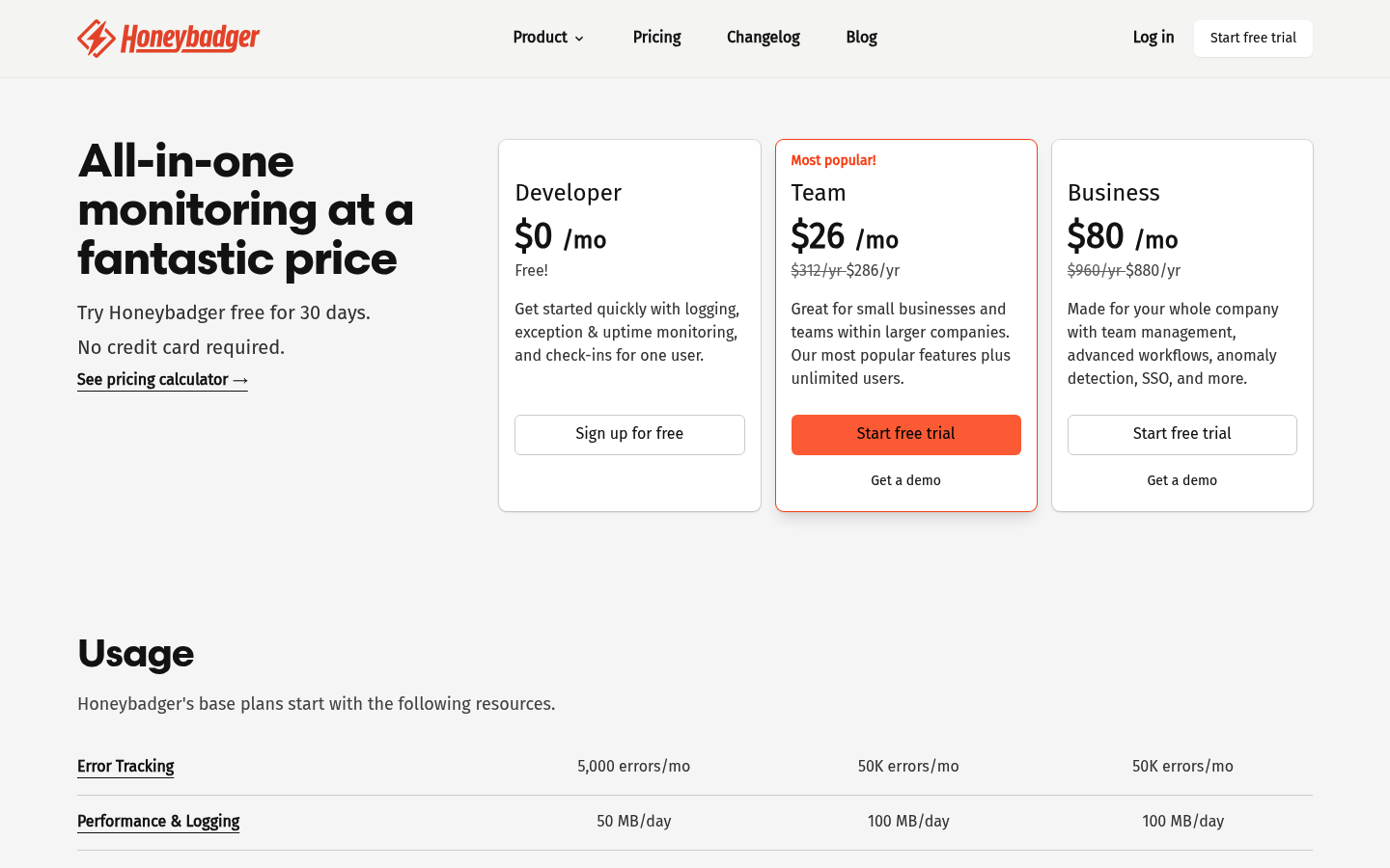 Screenshot of Honeybadger's pricing page showing its plans and prices