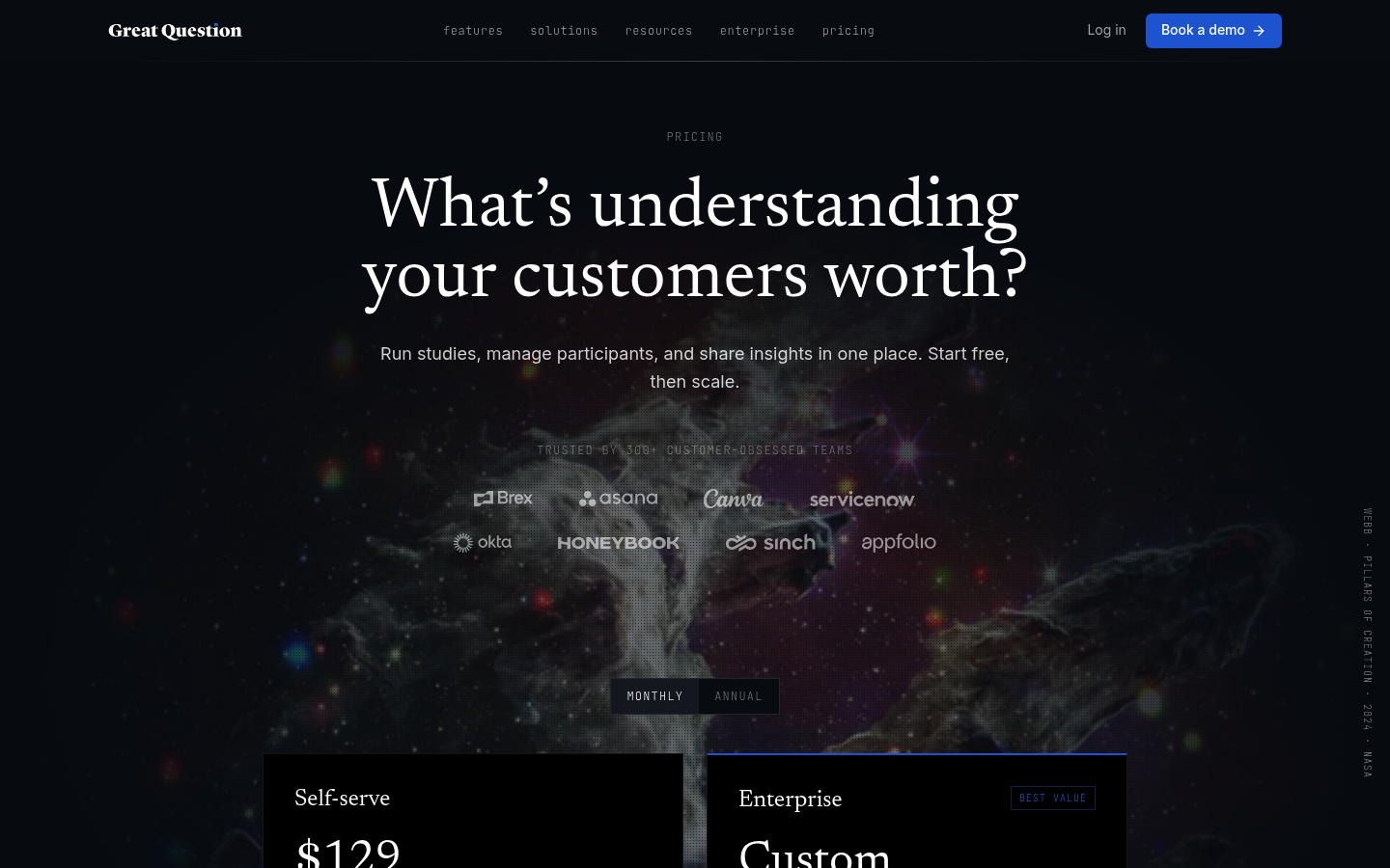 Screenshot of Great Question's pricing page showing its plans and prices