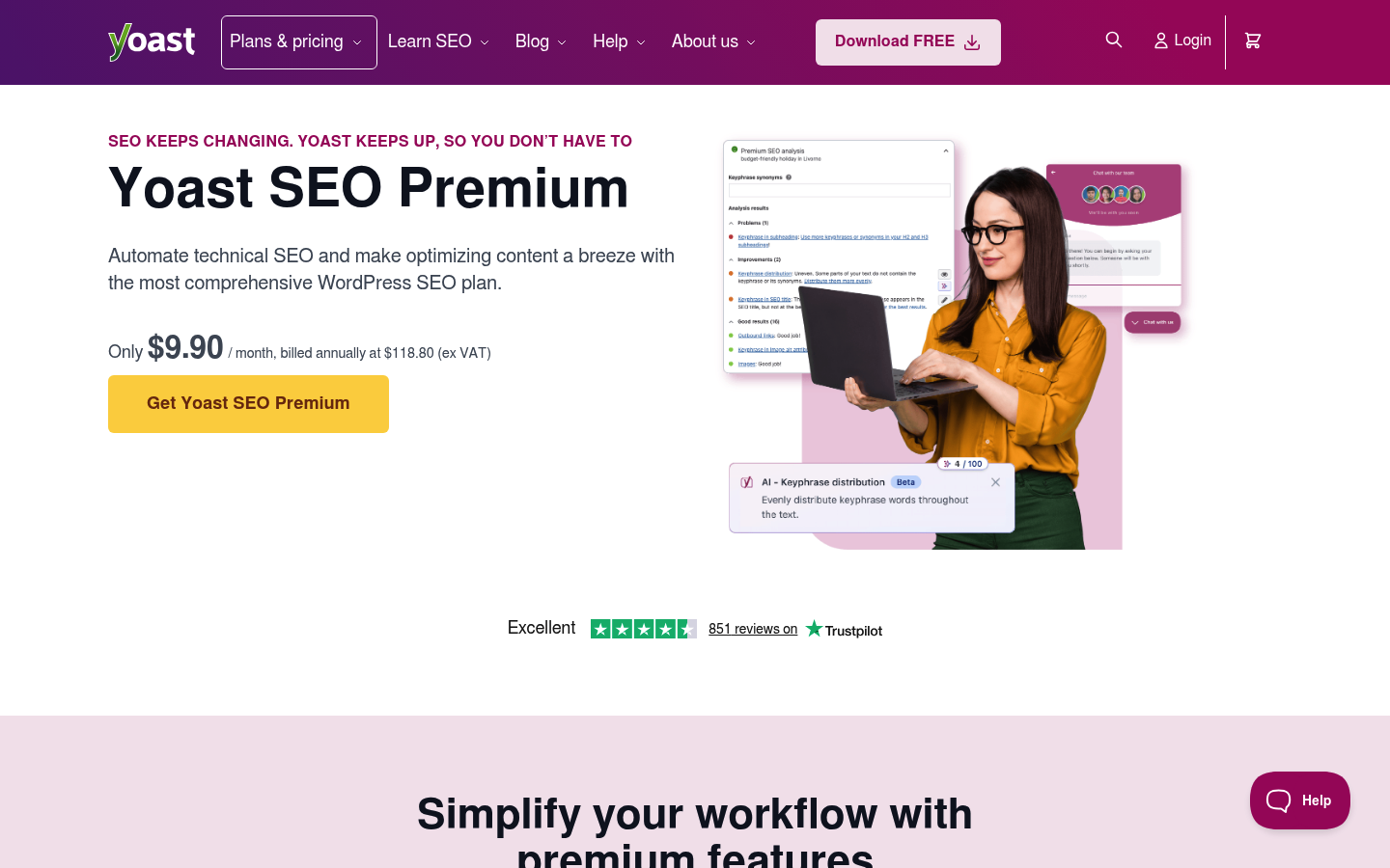 Screenshot of Yoast's pricing page showing its plans and prices