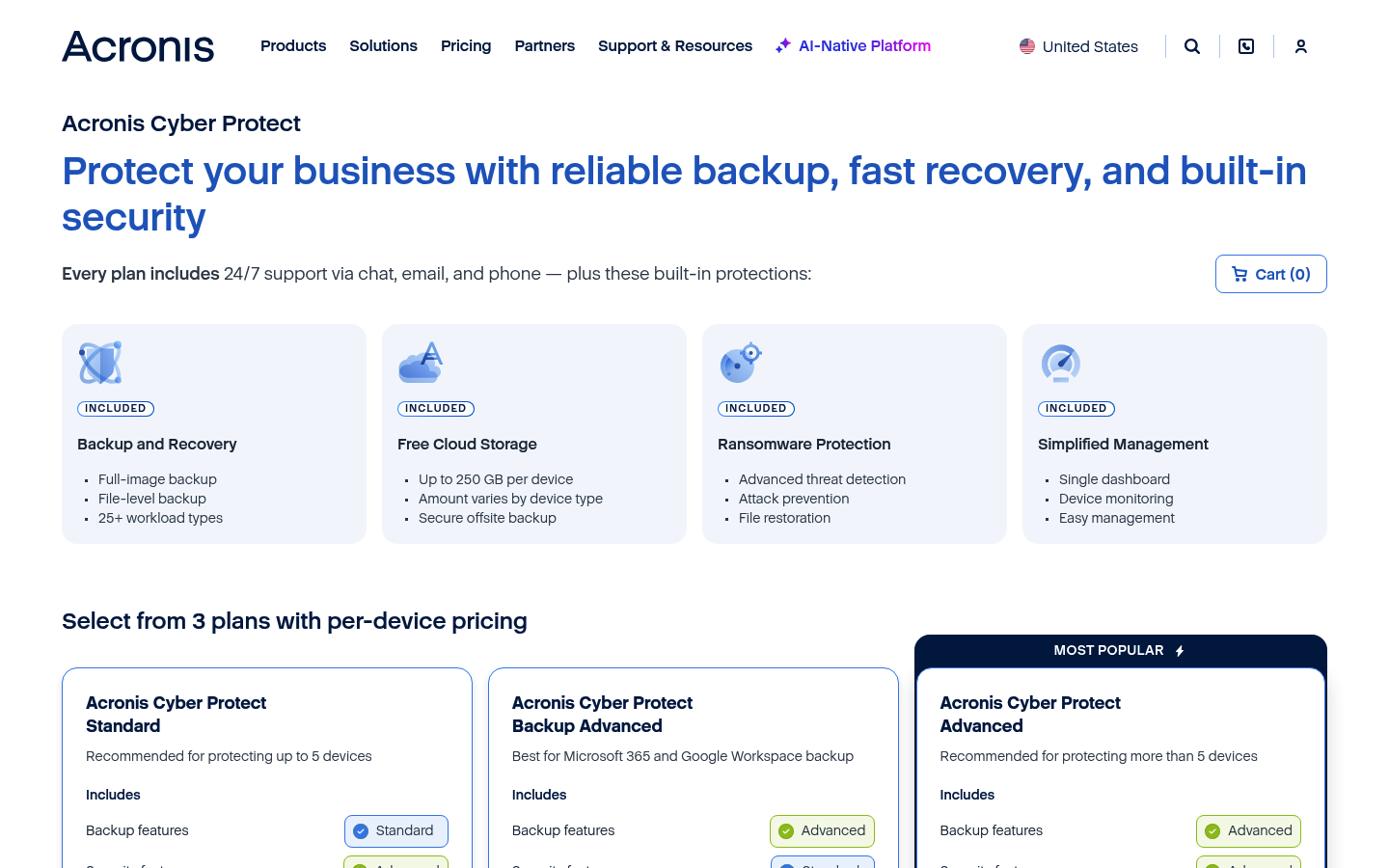 Screenshot of Acronis's pricing page showing its plans and prices